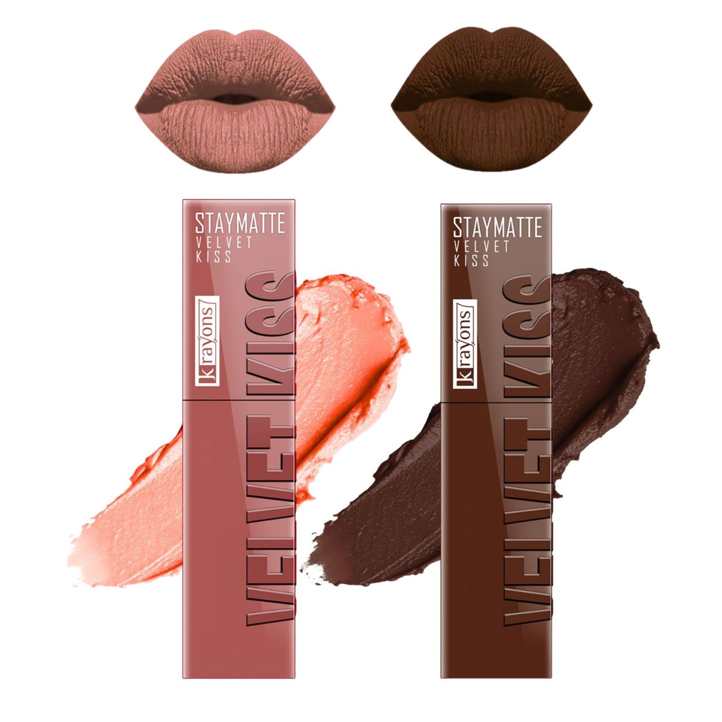 Krayons Velvet Kiss Liquid Lipstick |12hrs long stay|Intense Color Payoff | Weightless Matte Finish | Smudgeproof & Transferproof Lipstick for Women,Lipstick Combo Pack| Sheer Nude,Dark Chocolate,7 ml- PACK OF 2