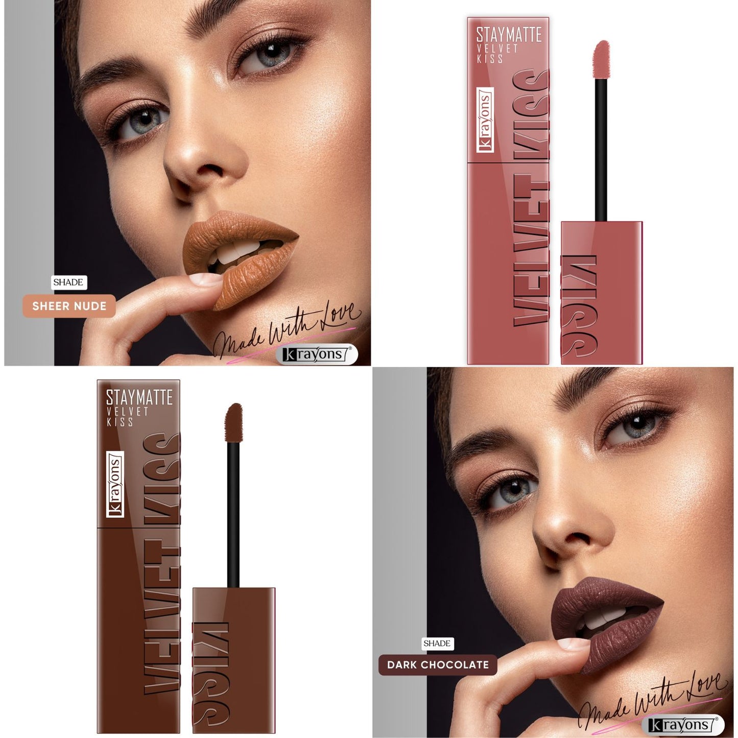 Krayons Velvet Kiss Liquid Lipstick |12hrs long stay|Intense Color Payoff | Weightless Matte Finish | Smudgeproof & Transferproof Lipstick for Women,Lipstick Combo Pack| Sheer Nude,Dark Chocolate,7 ml- PACK OF 2