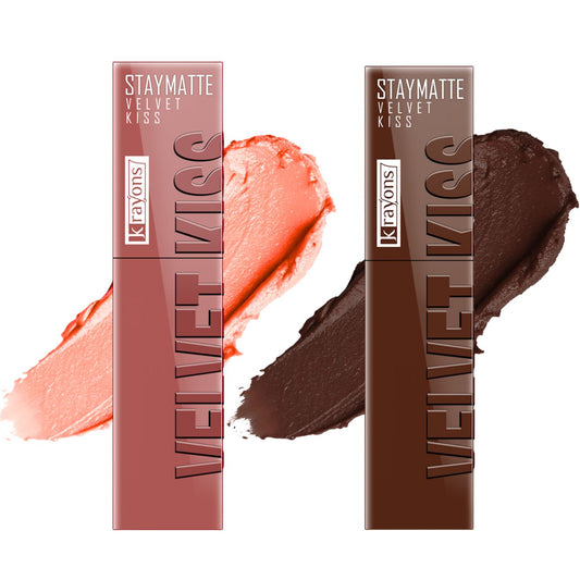 Krayons Velvet Kiss Liquid Lipstick |12hrs long stay|Intense Color Payoff | Weightless Matte Finish | Smudgeproof & Transferproof Lipstick for Women,Lipstick Combo Pack| Sheer Nude,Dark Chocolate,7 ml- PACK OF 2