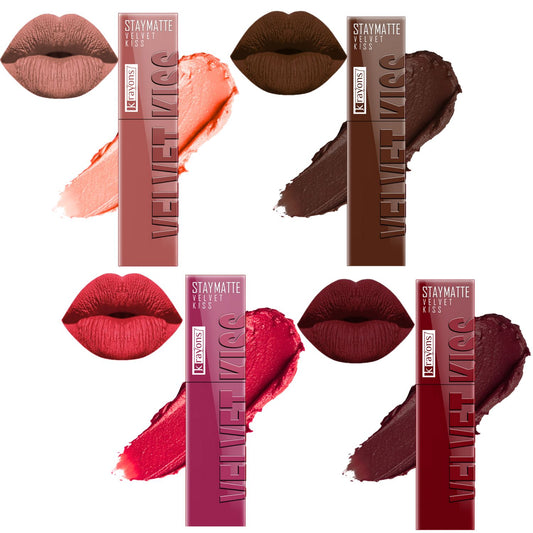 Krayons Velvet Kiss Liquid Lipstick |12hrs long stay|Intense Color Payoff | Weightless Matte Finish | Smudgeproof & Transferproof Lipstick for Women,Lipstick Combo Pack| Sheer Nude,Dark Chocolate,Peach Pink,Wow Maroon,14ml- PACK OF 4