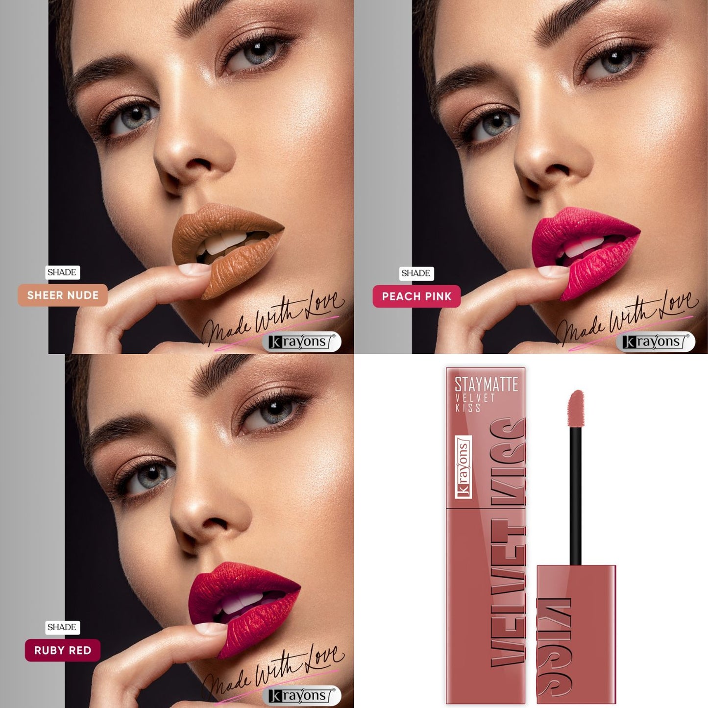 Krayons Velvet Kiss Liquid Lipstick |12hrs long stay|Intense Color Payoff | Weightless Matte Finish | Smudgeproof & Transferproof Lipstick for Women,Lipstick Combo Pack| Sheer Nude,Peach Pink,Ruby Red,10.5 ml- PACK OF 3