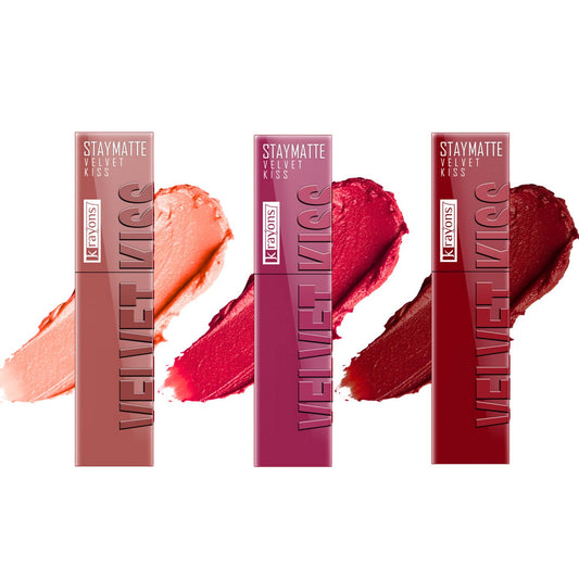 Krayons Velvet Kiss Liquid Lipstick |12hrs long stay|Intense Color Payoff | Weightless Matte Finish | Smudgeproof & Transferproof Lipstick for Women,Lipstick Combo Pack| Sheer Nude,Peach Pink,Ruby Red,10.5 ml- PACK OF 3