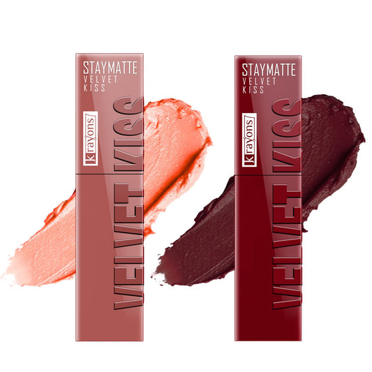 Krayons Velvet Kiss Liquid Lipstick |12hrs long stay|Intense Color Payoff | Weightless Matte Finish | Smudgeproof & Transferproof Lipstick for Women,Lipstick Combo Pack| Sheer Nude,Wow Maroon,7 ml- PACK OF 2