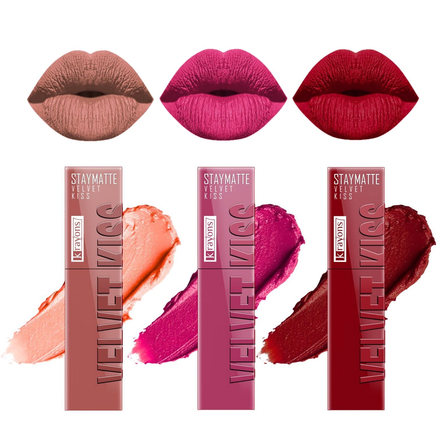 Krayons Velvet Kiss Liquid Lipstick |12hrs long stay|Intense Color Payoff | Weightless Matte Finish | Smudgeproof & Transferproof Lipstick for Women,Lipstick Combo Pack| Sheer Nude,Pink Punch,Ruby Red,10.5 ml- PACK OF 3