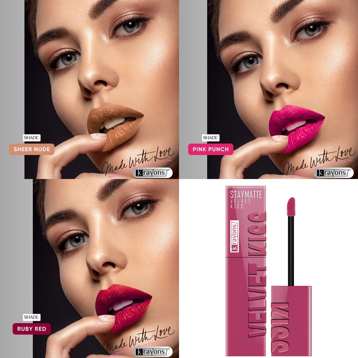 Krayons Velvet Kiss Liquid Lipstick |12hrs long stay|Intense Color Payoff | Weightless Matte Finish | Smudgeproof & Transferproof Lipstick for Women,Lipstick Combo Pack| Sheer Nude,Pink Punch,Ruby Red,10.5 ml- PACK OF 3