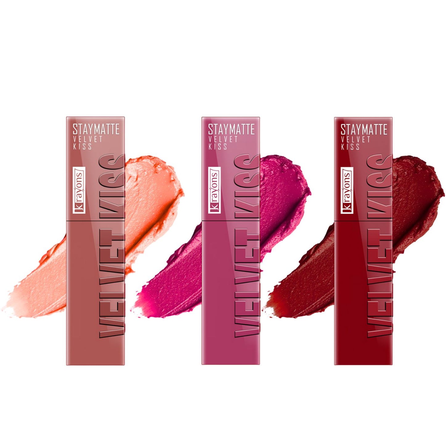 Krayons Velvet Kiss Liquid Lipstick |12hrs long stay|Intense Color Payoff | Weightless Matte Finish | Smudgeproof & Transferproof Lipstick for Women,Lipstick Combo Pack| Sheer Nude,Pink Punch,Ruby Red,10.5 ml- PACK OF 3