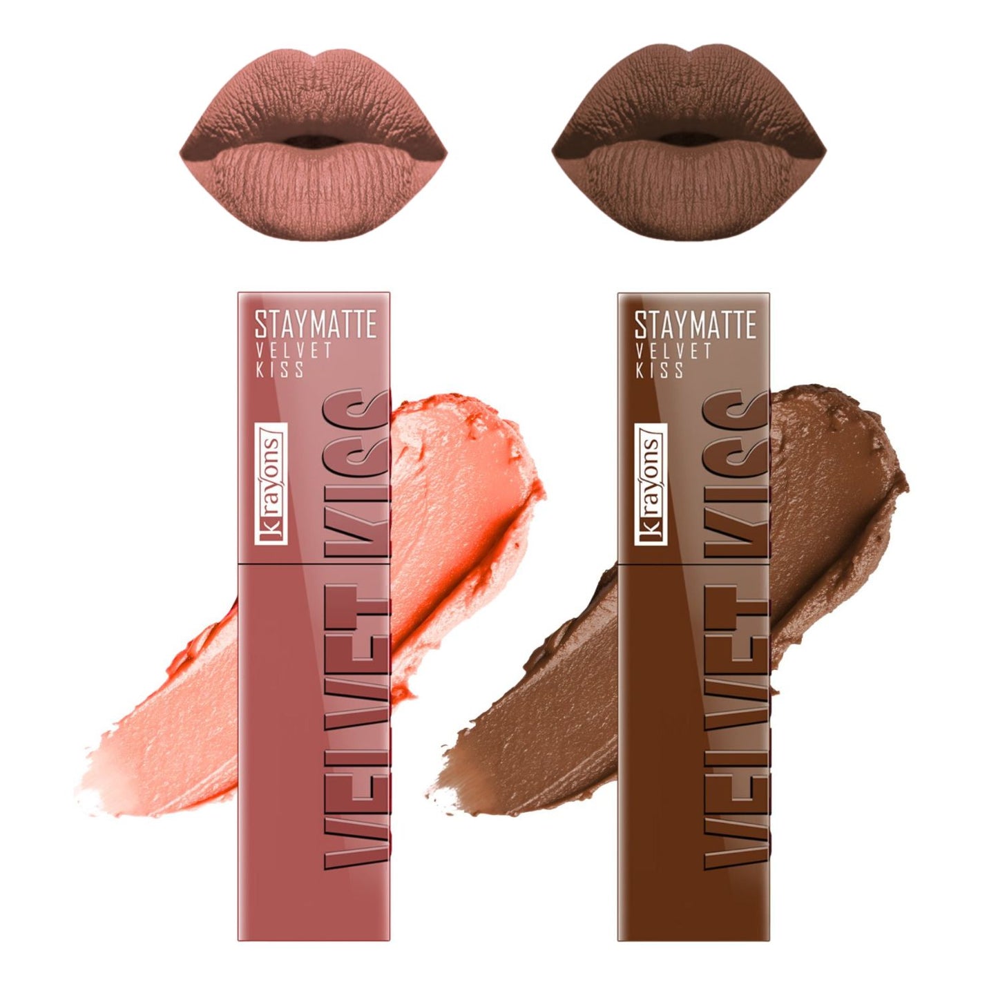 Krayons Velvet Kiss Liquid Lipstick |12hrs long stay|Intense Color Payoff | Weightless Matte Finish | Smudgeproof & Transferproof Lipstick for Women,Lipstick Combo Pack| Sheer Nude,Caramel Candy,7 ml- PACK OF 2