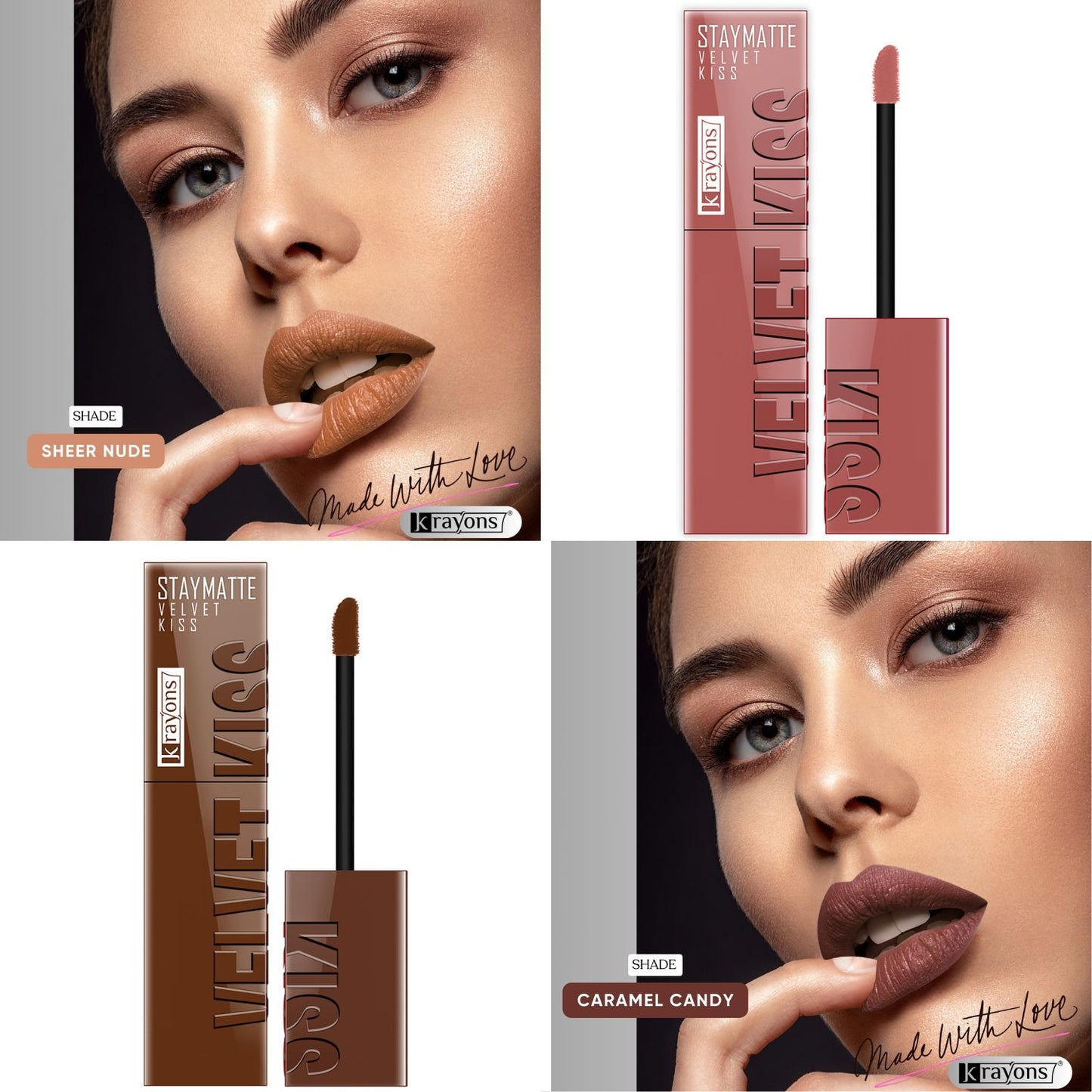 Krayons Velvet Kiss Liquid Lipstick |12hrs long stay|Intense Color Payoff | Weightless Matte Finish | Smudgeproof & Transferproof Lipstick for Women,Lipstick Combo Pack| Sheer Nude,Caramel Candy,7 ml- PACK OF 2