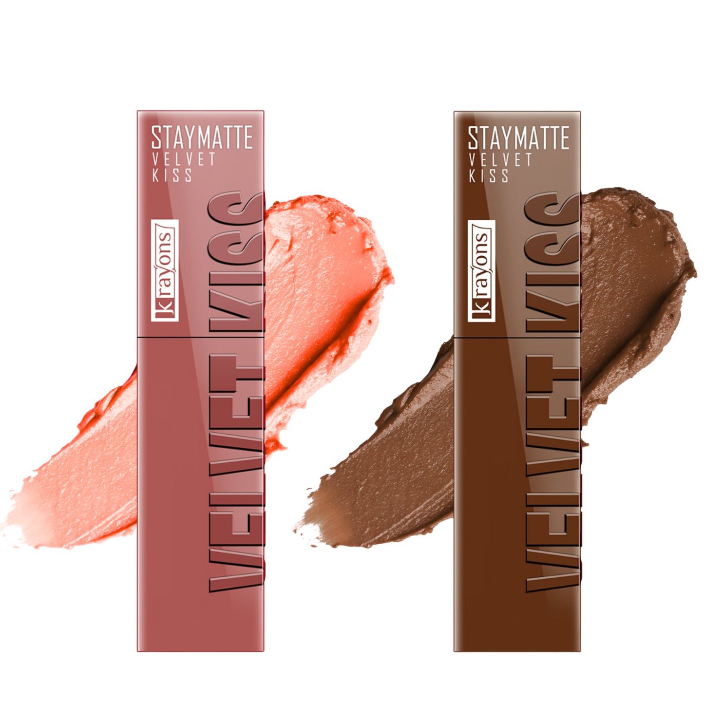 Krayons Velvet Kiss Liquid Lipstick |12hrs long stay|Intense Color Payoff | Weightless Matte Finish | Smudgeproof & Transferproof Lipstick for Women,Lipstick Combo Pack| Sheer Nude,Caramel Candy,7 ml- PACK OF 2