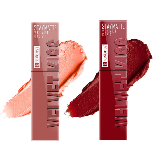 Krayons Velvet Kiss Liquid Lipstick |12hrs long stay|Intense Color Payoff | Weightless Matte Finish | Smudgeproof & Transferproof Lipstick for Women,Lipstick Combo Pack| Sheer Nude,Ruby Red.7 ml- PACK OF 2