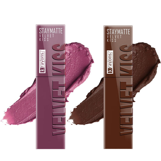 Krayons Velvet Kiss Liquid Lipstick |12hrs long stay|Intense Color Payoff | Weightless Matte Finish | Smudgeproof & Transferproof Lipstick for Women,Lipstick Combo Pack| Dusty Mauve,Dark Chocolate,7 ml- PACK OF 2