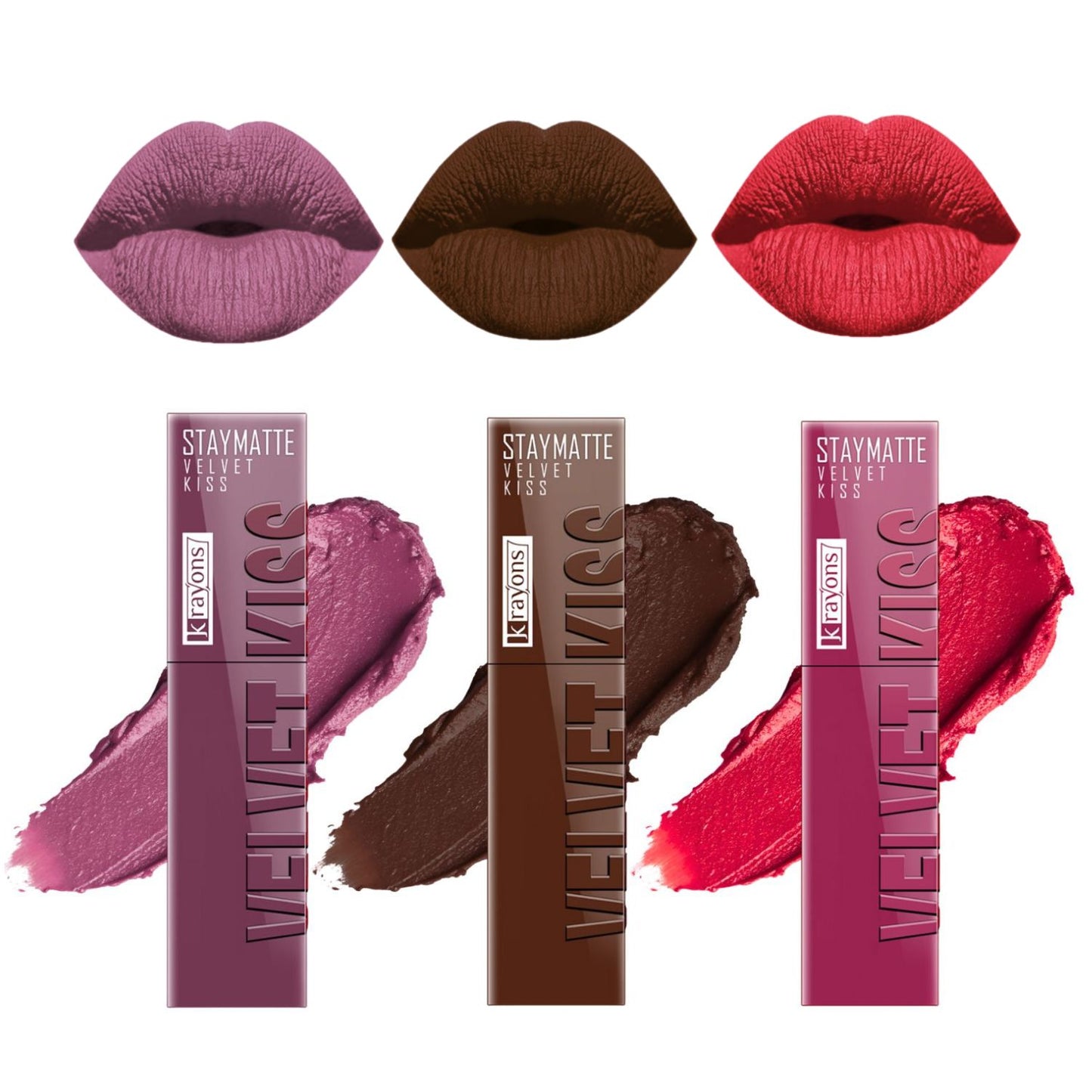 Krayons Velvet Kiss Liquid Lipstick |12hrs long stay|Intense Color Payoff | Weightless Matte Finish | Smudgeproof & Transferproof Lipstick for Women,Lipstick Combo Pack| Orchid Love,Dark Chocolate,Peach Pink,10.5 ml- PACK OF 3