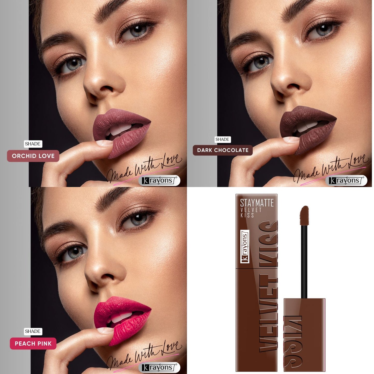 Krayons Velvet Kiss Liquid Lipstick |12hrs long stay|Intense Color Payoff | Weightless Matte Finish | Smudgeproof & Transferproof Lipstick for Women,Lipstick Combo Pack| Orchid Love,Dark Chocolate,Peach Pink,10.5 ml- PACK OF 3