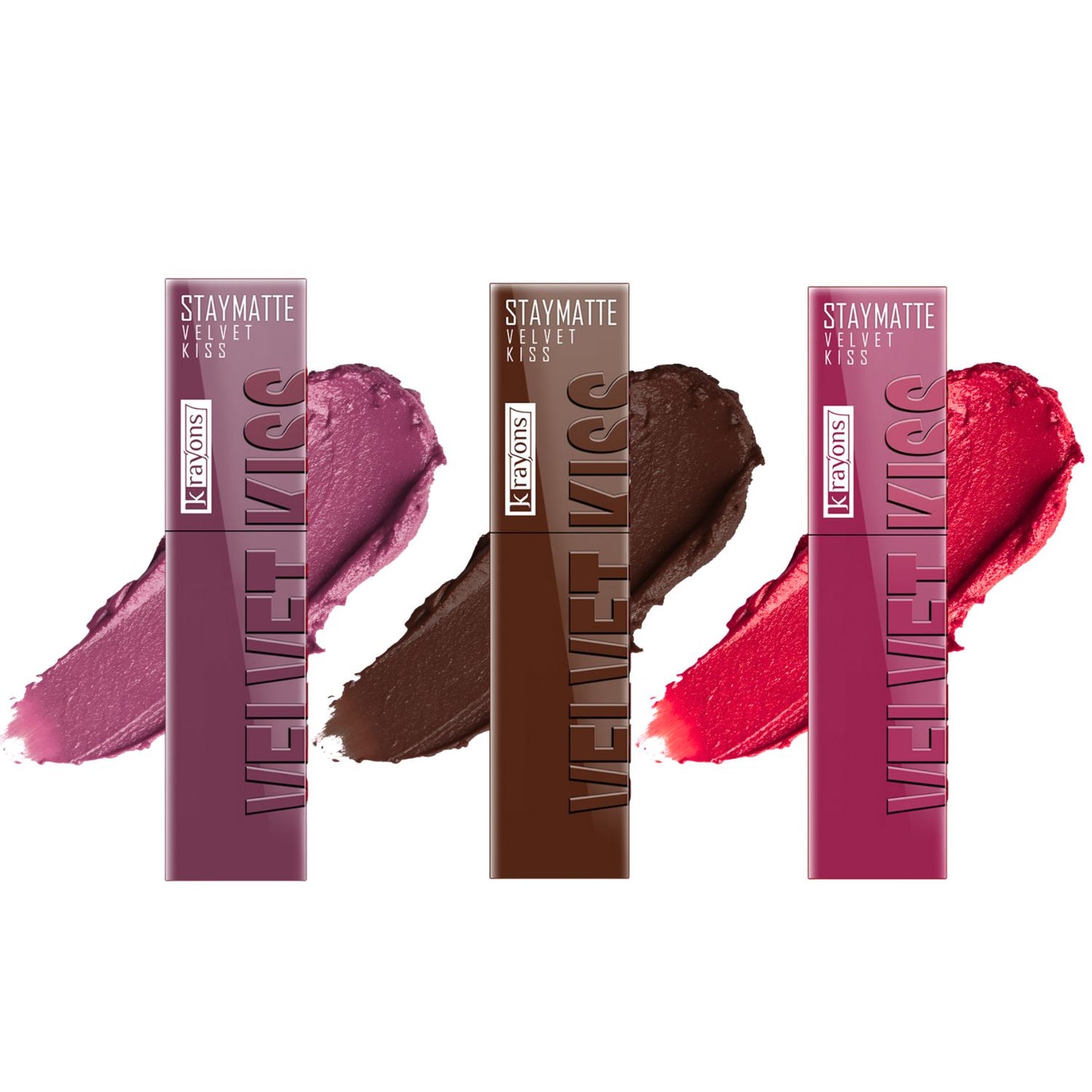 Krayons Velvet Kiss Liquid Lipstick |12hrs long stay|Intense Color Payoff | Weightless Matte Finish | Smudgeproof & Transferproof Lipstick for Women,Lipstick Combo Pack| Orchid Love,Dark Chocolate,Peach Pink,10.5 ml- PACK OF 3