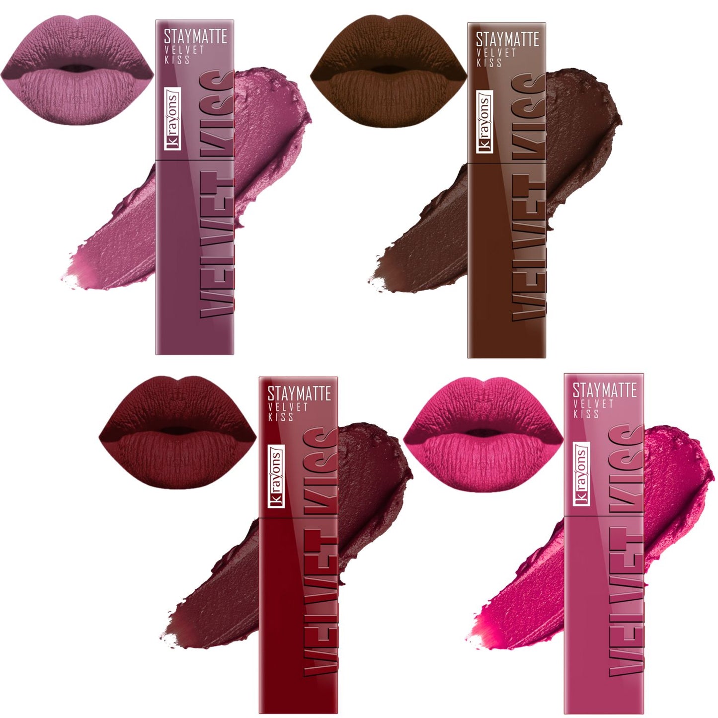 Krayons Velvet Kiss Liquid Lipstick |12hrs long stay|Intense Color Payoff | Weightless Matte Finish | Smudgeproof & Transferproof Lipstick for Women,Lipstick Combo Pack| Orchid Love,Dark Chocolate,Wow Maroon,Pink Punch,14ml- PACK OF 4