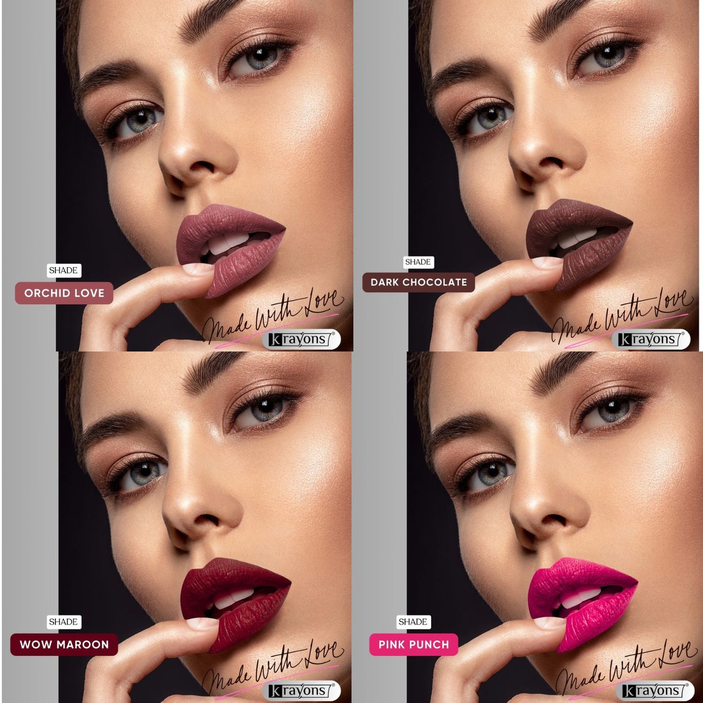 Krayons Velvet Kiss Liquid Lipstick |12hrs long stay|Intense Color Payoff | Weightless Matte Finish | Smudgeproof & Transferproof Lipstick for Women,Lipstick Combo Pack| Orchid Love,Dark Chocolate,Wow Maroon,Pink Punch,14ml- PACK OF 4