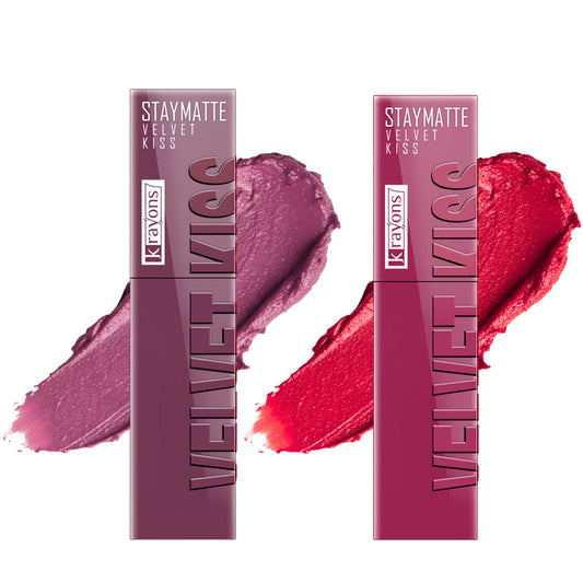 Krayons Velvet Kiss Liquid Lipstick |12hrs long stay|Intense Color Payoff | Weightless Matte Finish | Smudgeproof & Transferproof Lipstick for Women,Lipstick Combo Pack| Dusty Mauve,Peach Pink,7 ml- PACK OF 2
