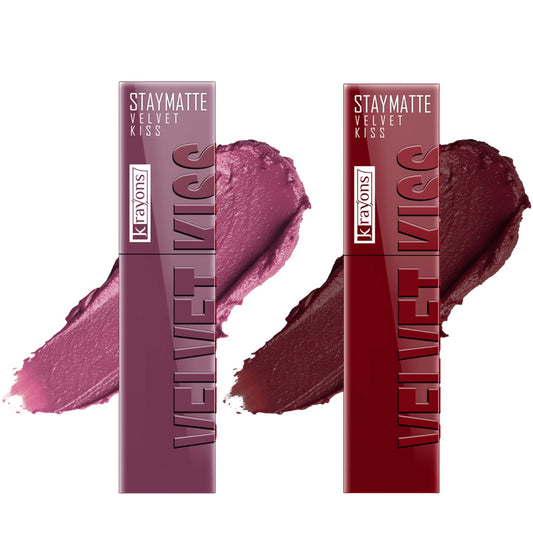 Krayons Velvet Kiss Liquid Lipstick |12hrs long stay|Intense Color Payoff | Weightless Matte Finish | Smudgeproof & Transferproof Lipstick for Women,Lipstick Combo Pack| Dusty Mauve,Wow Maroon,7 ml- PACK OF 2