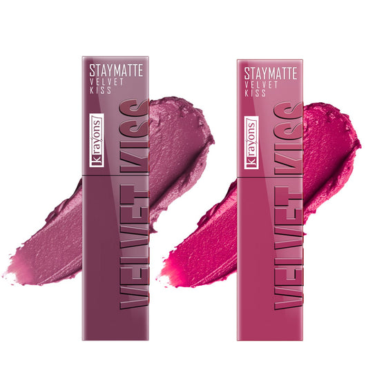 Krayons Velvet Kiss Liquid Lipstick |12hrs long stay|Intense Color Payoff | Weightless Matte Finish | Smudgeproof & Transferproof Lipstick for Women,Lipstick Combo Pack| Dusty Mauve,Pink Punch,7 ml- PACK OF 2