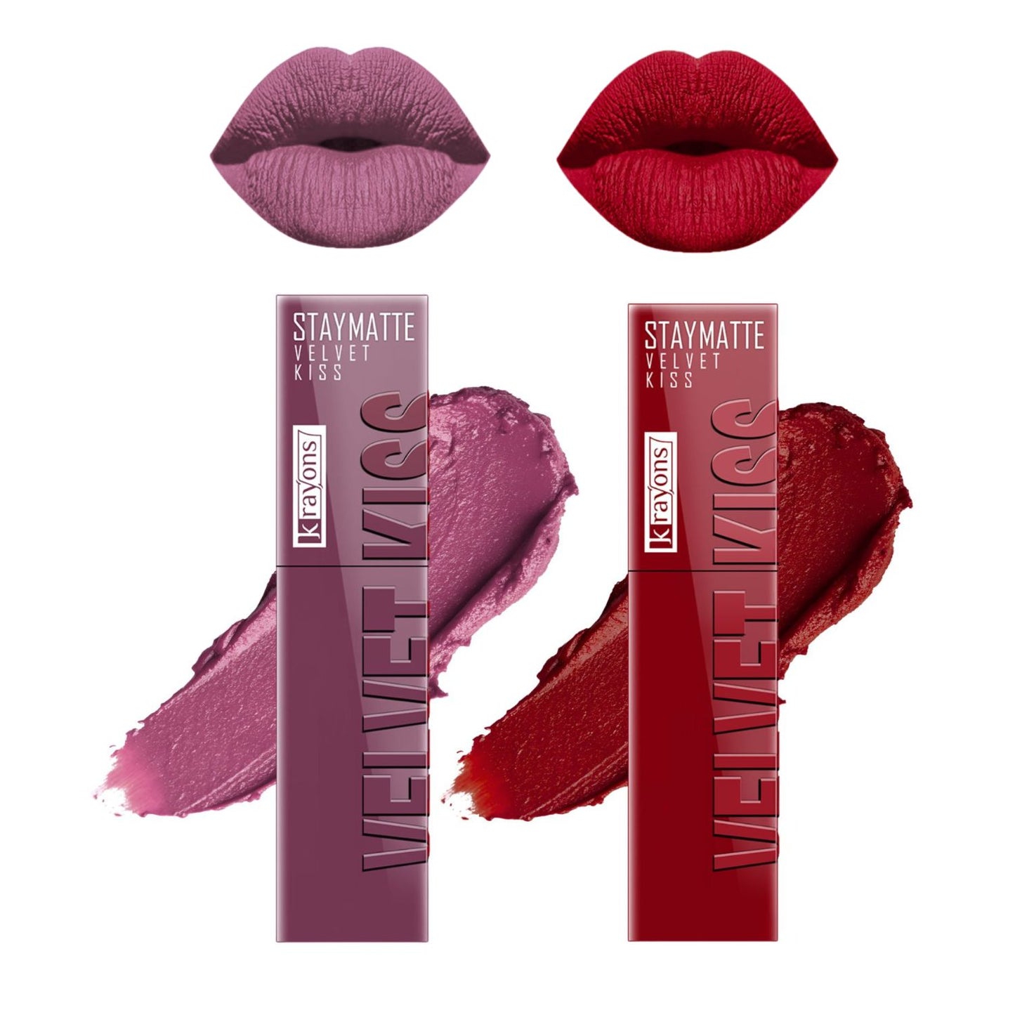 Krayons Velvet Kiss Liquid Lipstick |12hrs long stay|Intense Color Payoff | Weightless Matte Finish | Smudgeproof & Transferproof Lipstick for Women,Lipstick Combo Pack| Dusty Mauve,Ruby Red,7 ml- PACK OF 2