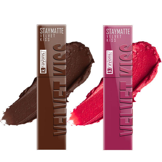Krayons Velvet Kiss Liquid Lipstick |12hrs long stay|Intense Color Payoff | Weightless Matte Finish | Smudgeproof & Transferproof Lipstick for Women,Lipstick Combo Pack| Dark Chocolate,Peach Pink,7 ml- PACK OF 2