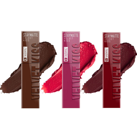 Krayons Velvet Kiss Liquid Lipstick |12hrs long stay|Intense Color Payoff | Weightless Matte Finish | Smudgeproof & Transferproof Lipstick for Women,Lipstick Combo Pack| Dark Chocolate,Peach Pink,Wow Maroon,10.5 ml- PACK OF 3