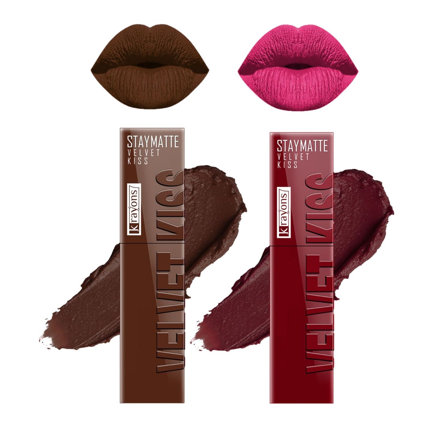 Krayons Velvet Kiss Liquid Lipstick |12hrs long stay|Intense Color Payoff | Weightless Matte Finish | Smudgeproof & Transferproof Lipstick for Women,Lipstick Combo Pack| Dark Chocolate,Wow Maroon,7 ml- PACK OF 2