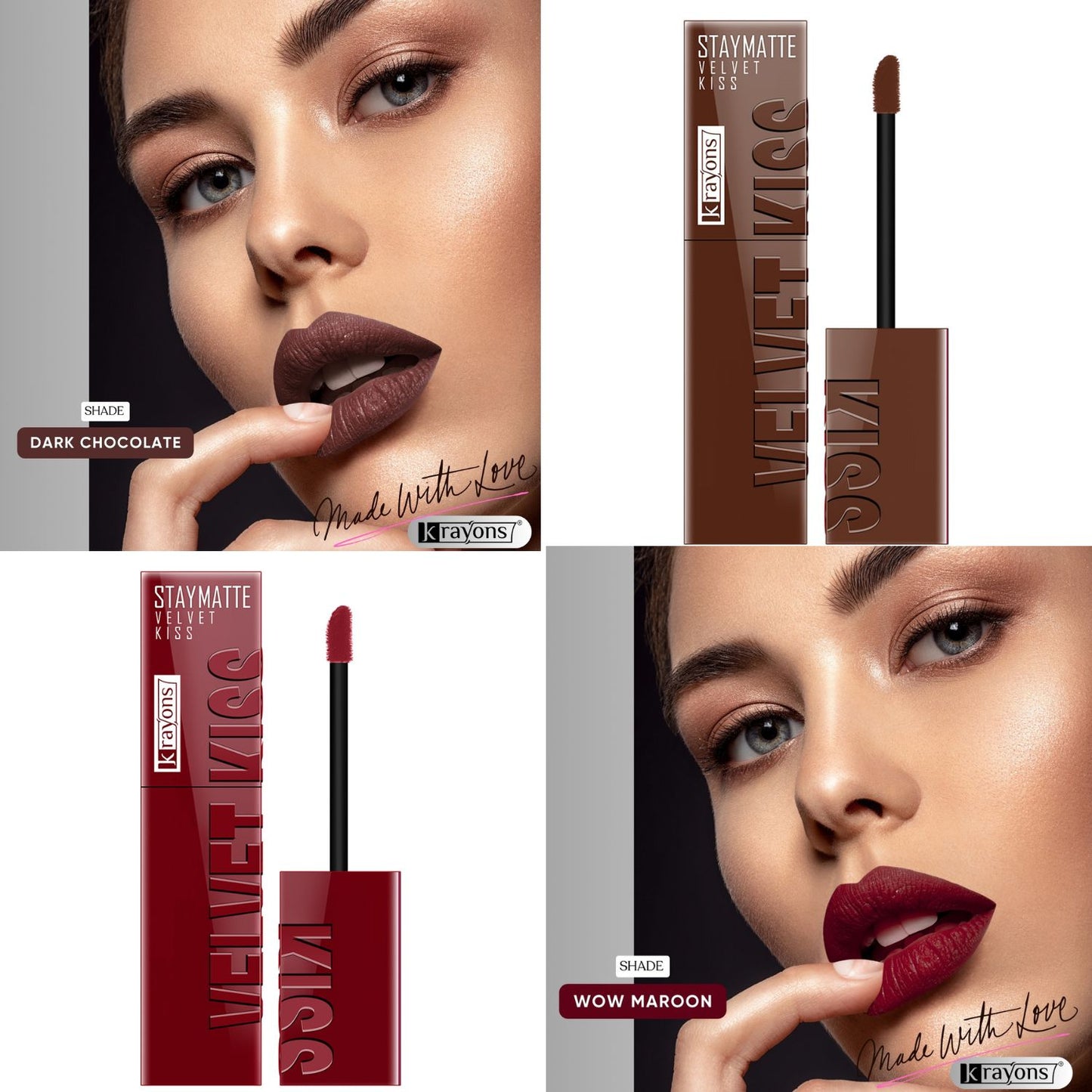 Krayons Velvet Kiss Liquid Lipstick |12hrs long stay|Intense Color Payoff | Weightless Matte Finish | Smudgeproof & Transferproof Lipstick for Women,Lipstick Combo Pack| Dark Chocolate,Wow Maroon,7 ml- PACK OF 2