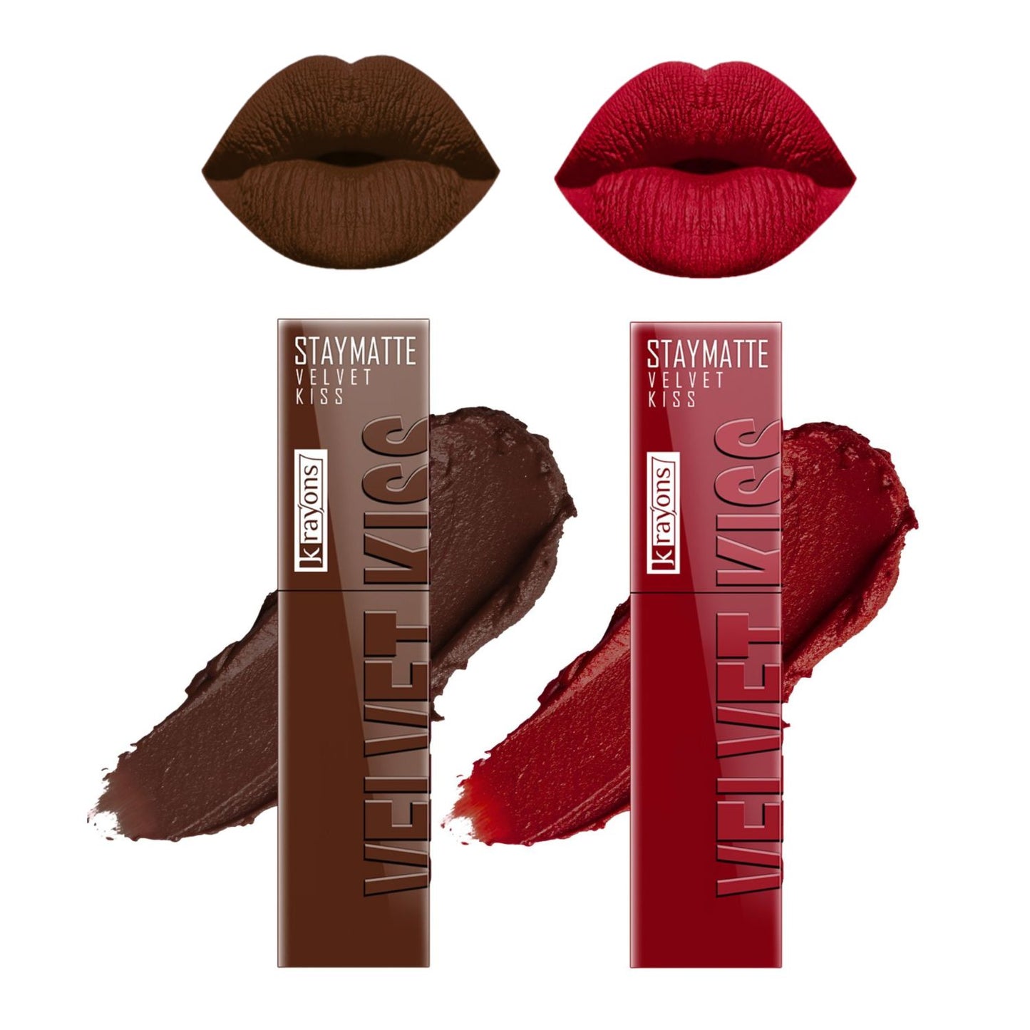 Krayons Velvet Kiss Liquid Lipstick |12hrs long stay|Intense Color Payoff | Weightless Matte Finish | Smudgeproof & Transferproof Lipstick for Women,Lipstick Combo Pack| Dark Chocolate,Ruby Red,7 ml- PACK OF 2