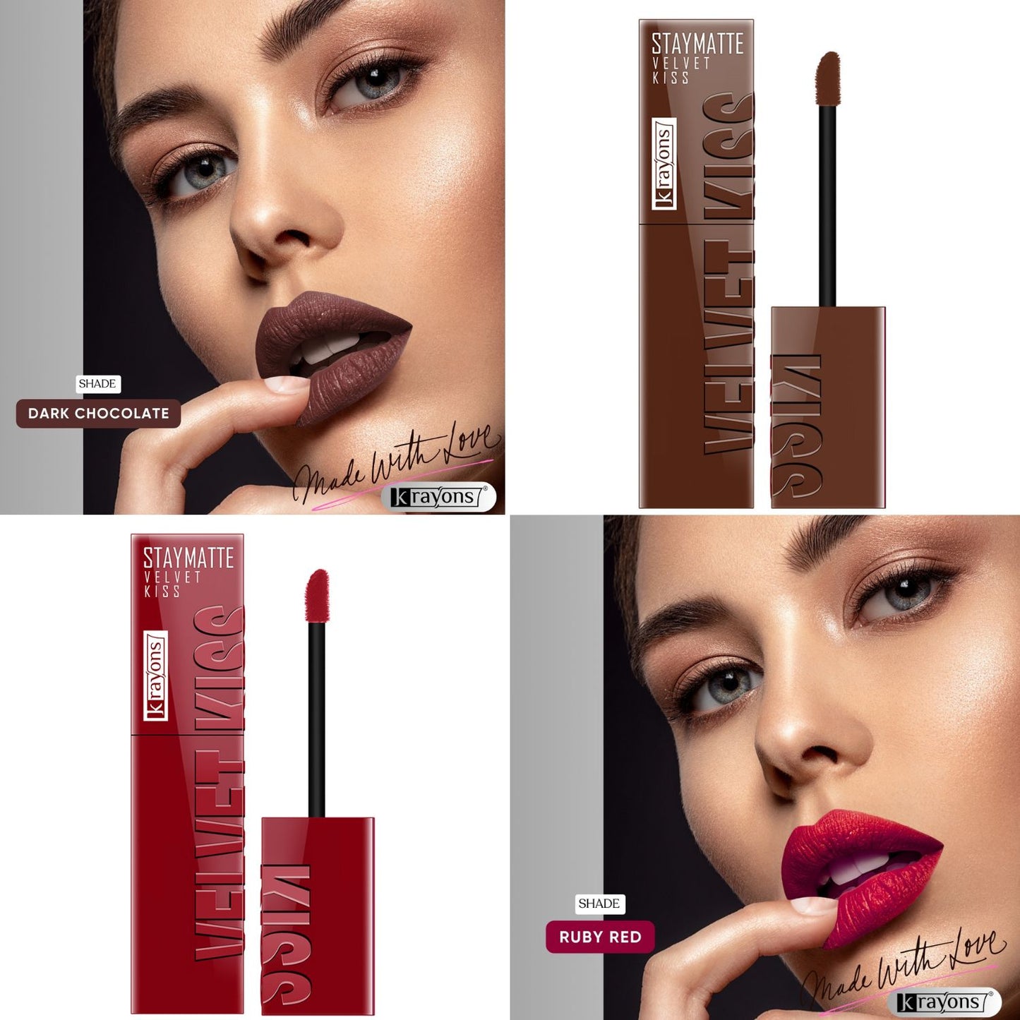 Krayons Velvet Kiss Liquid Lipstick |12hrs long stay|Intense Color Payoff | Weightless Matte Finish | Smudgeproof & Transferproof Lipstick for Women,Lipstick Combo Pack| Dark Chocolate,Ruby Red,7 ml- PACK OF 2