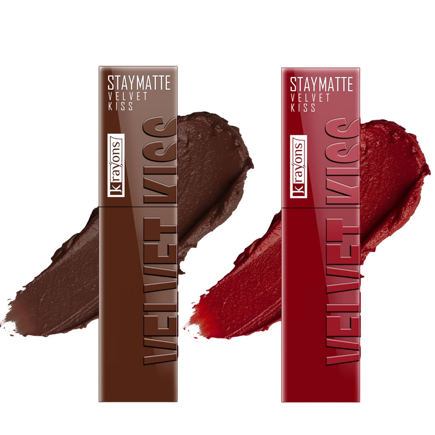 Krayons Velvet Kiss Liquid Lipstick |12hrs long stay|Intense Color Payoff | Weightless Matte Finish | Smudgeproof & Transferproof Lipstick for Women,Lipstick Combo Pack| Dark Chocolate,Ruby Red,7 ml- PACK OF 2