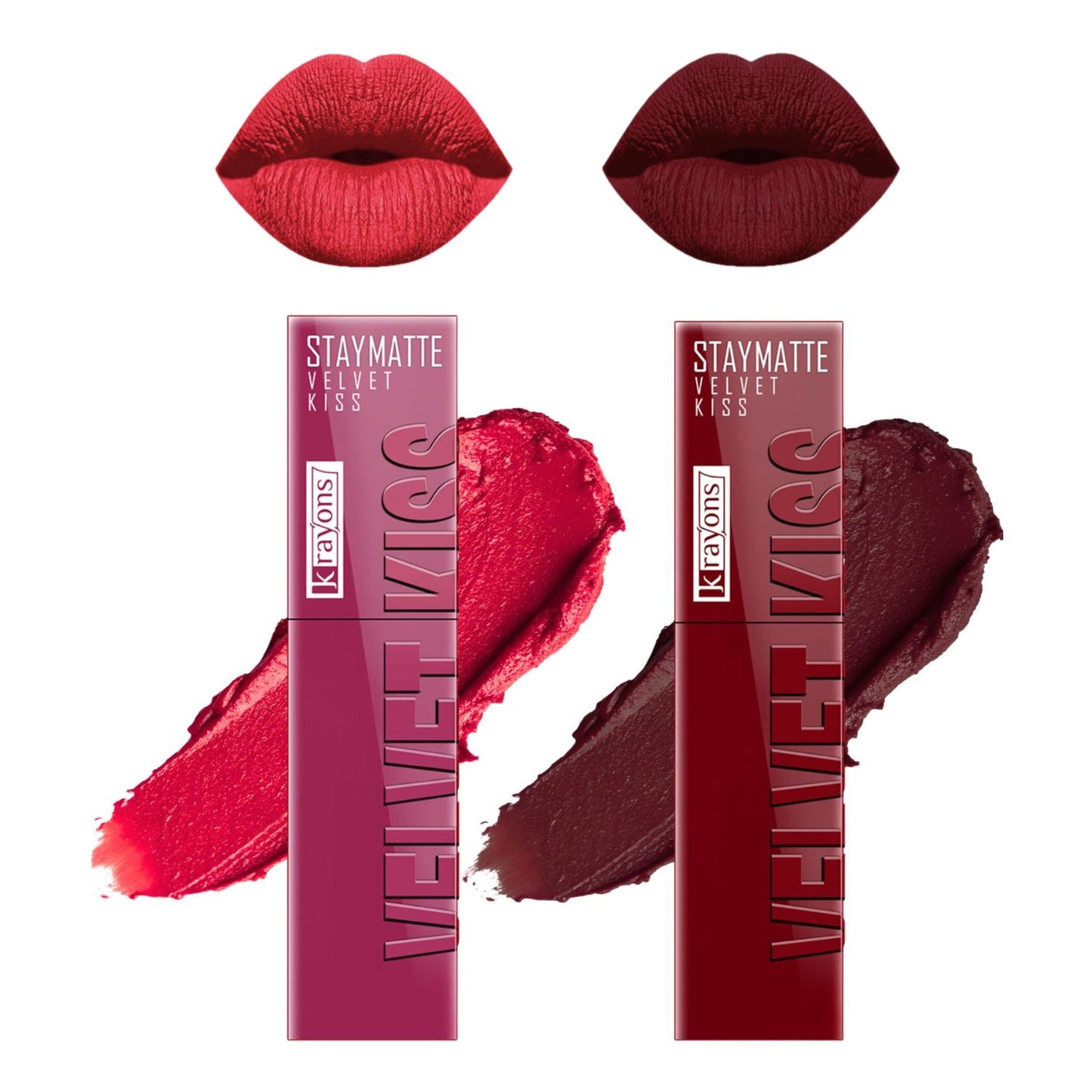 Krayons Velvet Kiss Liquid Lipstick |12hrs long stay|Intense Color Payoff | Weightless Matte Finish | Smudgeproof & Transferproof Lipstick for Women,Lipstick Combo Pack| Peach Pink,Wow Maroon,7 ml- PACK OF 2