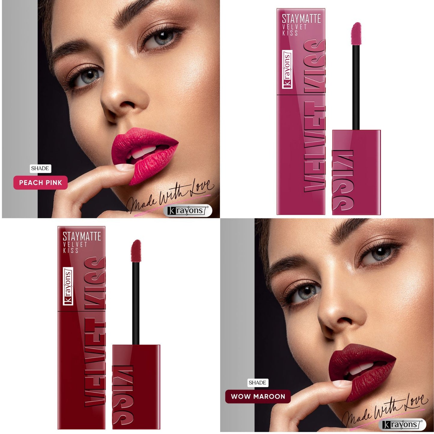 Krayons Velvet Kiss Liquid Lipstick |12hrs long stay|Intense Color Payoff | Weightless Matte Finish | Smudgeproof & Transferproof Lipstick for Women,Lipstick Combo Pack| Peach Pink,Wow Maroon,7 ml- PACK OF 2