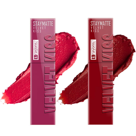 Krayons Velvet Kiss Liquid Lipstick |12hrs long stay|Intense Color Payoff | Weightless Matte Finish | Smudgeproof & Transferproof Lipstick for Women,Lipstick Combo Pack| Wow Maroon,Ruby Red.7 ml- PACK OF 2
