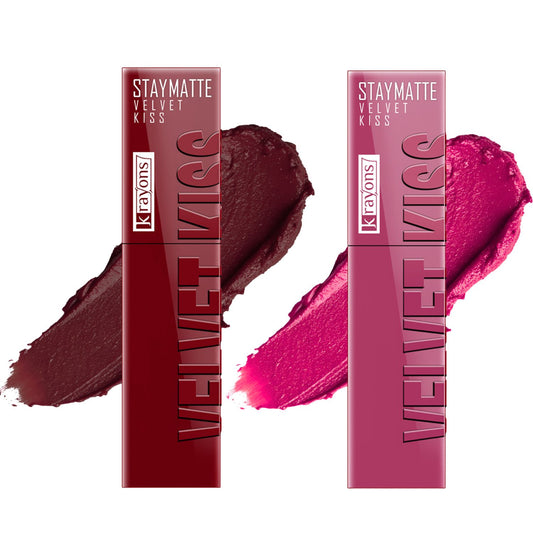 Krayons Velvet Kiss Liquid Lipstick |12hrs long stay|Intense Color Payoff | Weightless Matte Finish | Smudgeproof & Transferproof Lipstick for Women,Lipstick Combo Pack| Wow Maroon,Pink Punch,7 ml- PACK OF 2