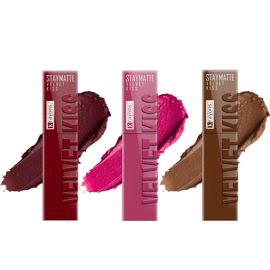 Krayons Velvet Kiss Liquid Lipstick |12hrs long stay|Intense Color Payoff | Weightless Matte Finish | Smudgeproof & Transferproof Lipstick for Women,Lipstick Combo Pack| Wow Maroon,Pink Punch,Caramel Candy,10.5 ml- PACK OF 3