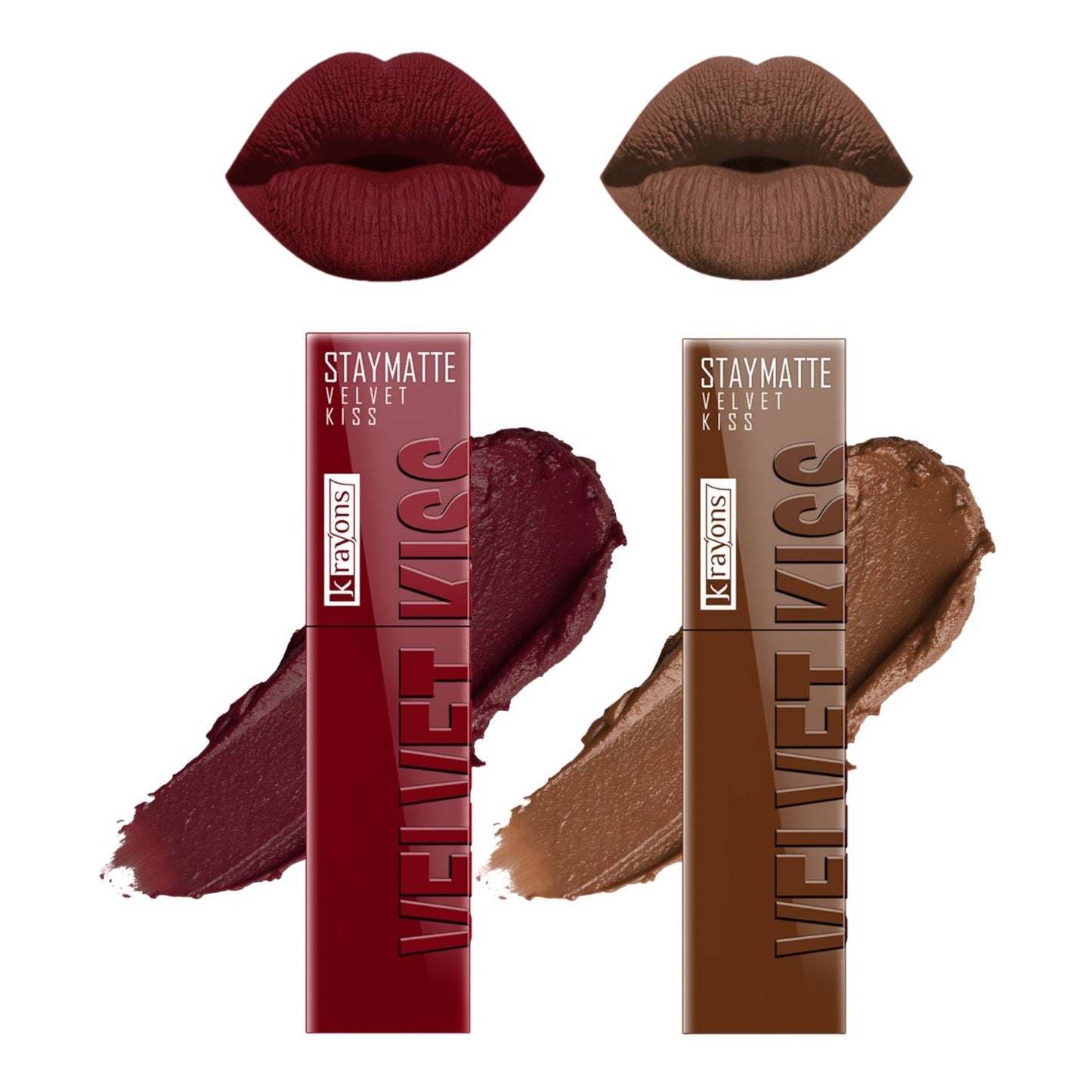 Krayons Velvet Kiss Liquid Lipstick |12hrs long stay|Intense Color Payoff | Weightless Matte Finish | Smudgeproof & Transferproof Lipstick for Women,Lipstick Combo Pack| Wow Maroon,Caramel Candy.7 ml- PACK OF 2
