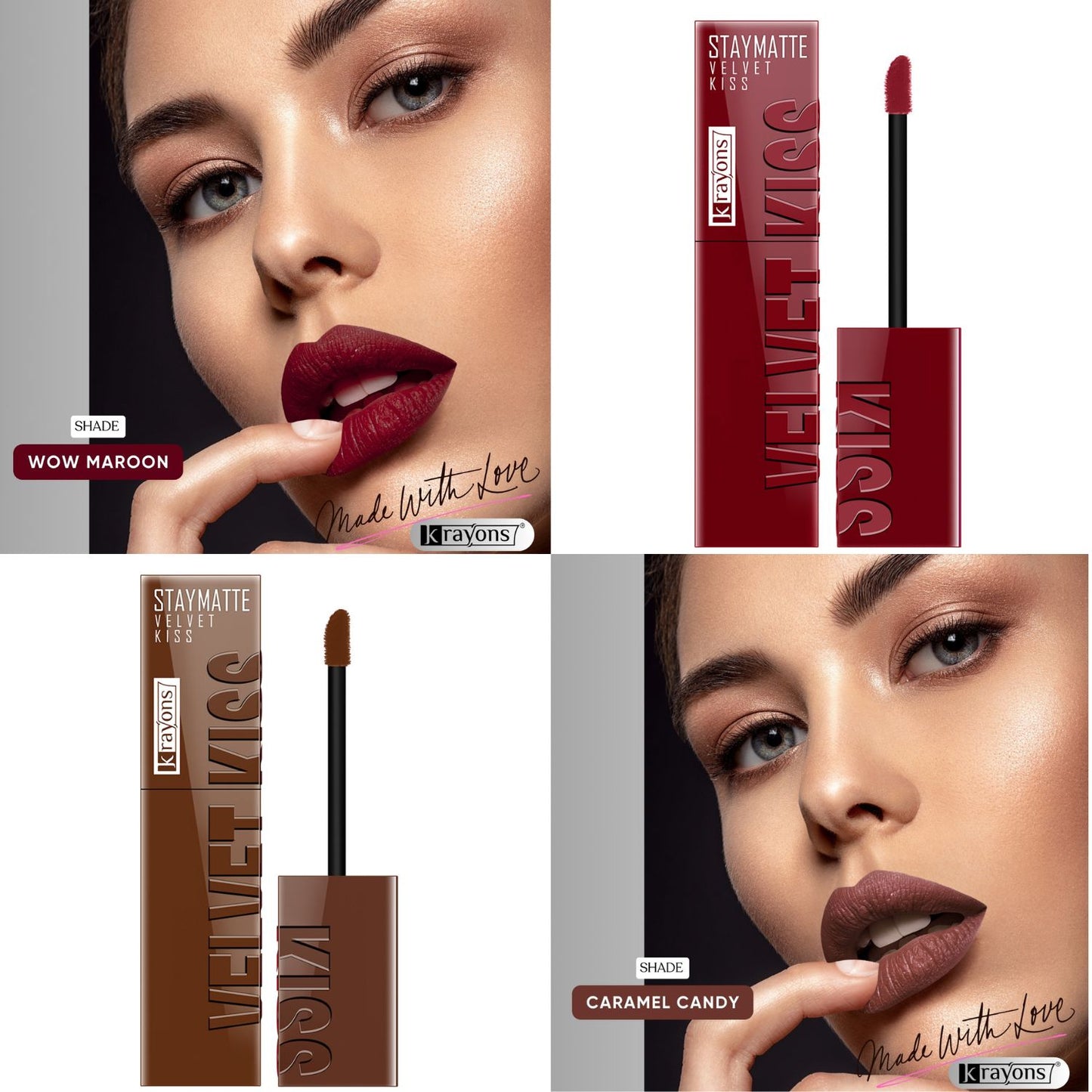 Krayons Velvet Kiss Liquid Lipstick |12hrs long stay|Intense Color Payoff | Weightless Matte Finish | Smudgeproof & Transferproof Lipstick for Women,Lipstick Combo Pack| Wow Maroon,Caramel Candy.7 ml- PACK OF 2