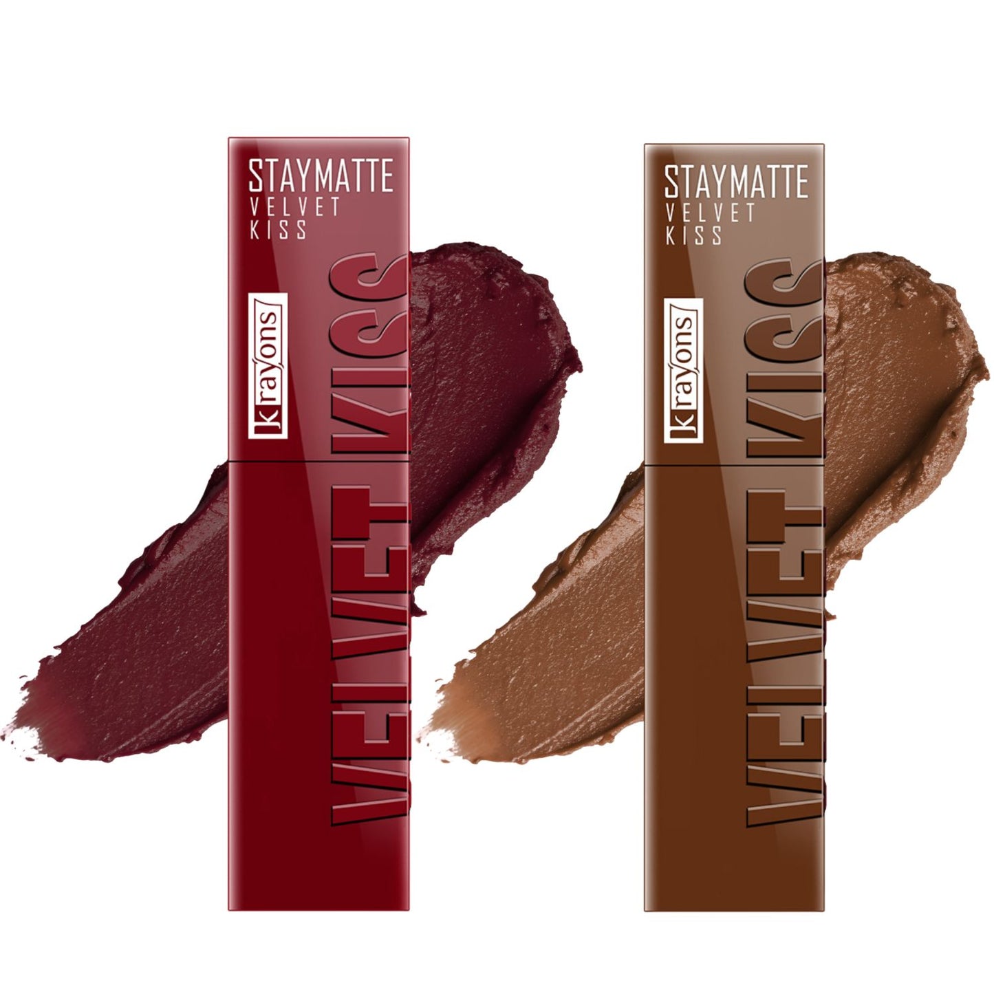 Krayons Velvet Kiss Liquid Lipstick |12hrs long stay|Intense Color Payoff | Weightless Matte Finish | Smudgeproof & Transferproof Lipstick for Women,Lipstick Combo Pack| Wow Maroon,Caramel Candy.7 ml- PACK OF 2