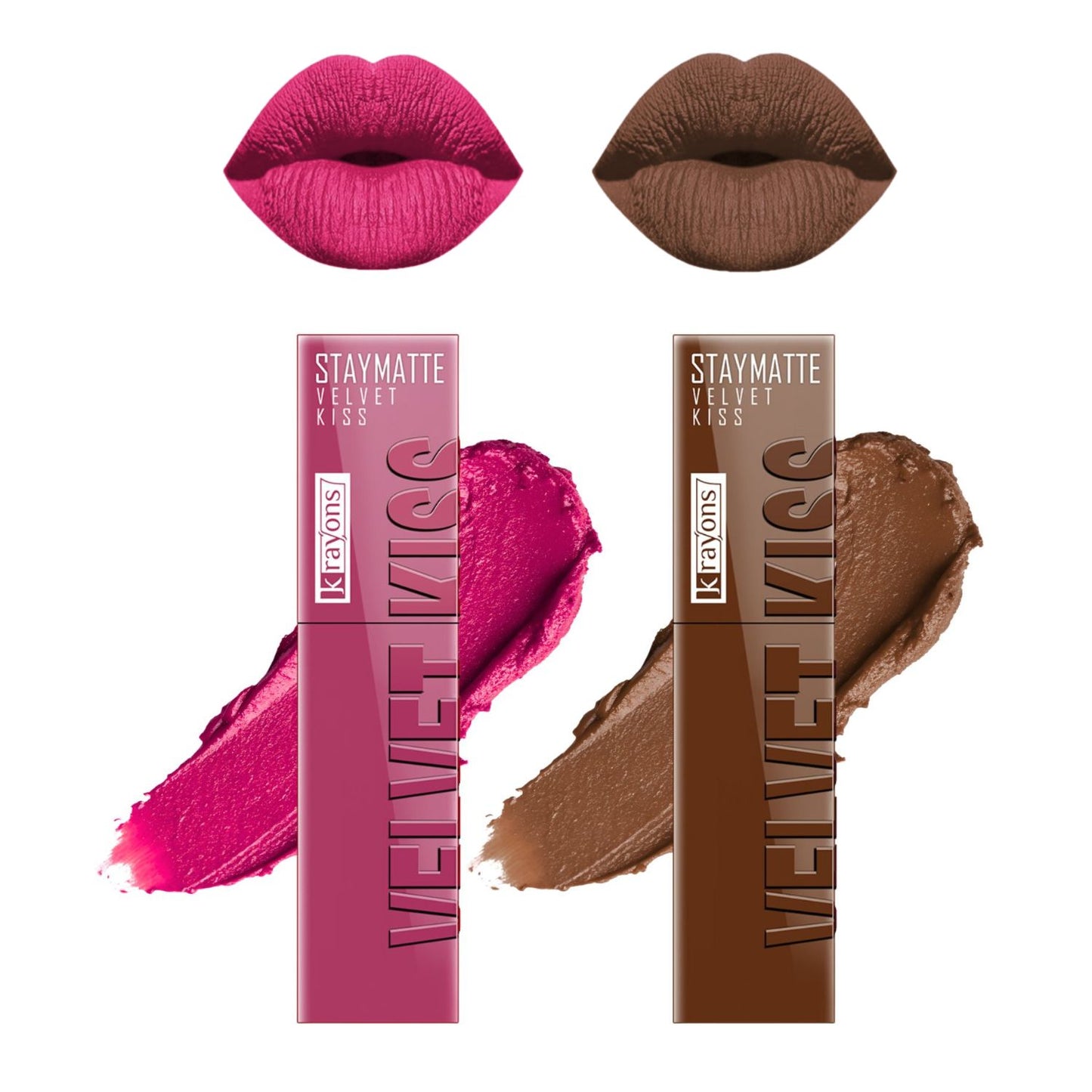 Krayons Velvet Kiss Liquid Lipstick |12hrs long stay|Intense Color Payoff | Weightless Matte Finish | Smudgeproof & Transferproof Lipstick for Women,Lipstick Combo Pink Punch,Caramel Cand,7 ml- PACK OF 2