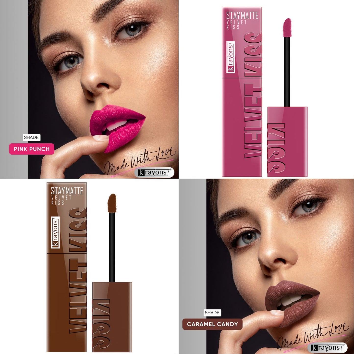 Krayons Velvet Kiss Liquid Lipstick |12hrs long stay|Intense Color Payoff | Weightless Matte Finish | Smudgeproof & Transferproof Lipstick for Women,Lipstick Combo Pink Punch,Caramel Cand,7 ml- PACK OF 2