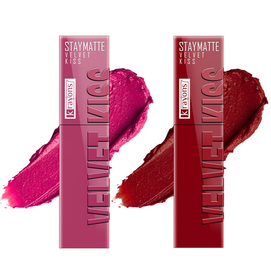 Krayons Velvet Kiss Liquid Lipstick |12hrs long stay|Intense Color Payoff | Weightless Matte Finish | Smudgeproof & Transferproof Lipstick for Women,Lipstick Combo Pack| Pink Punch,Ruby Red.7 ml- PACK OF 2