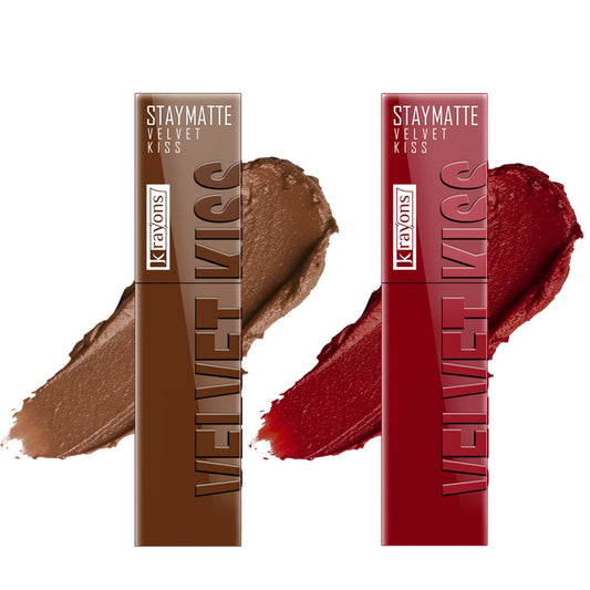 Krayons Velvet Kiss Liquid Lipstick |12hrs long stay|Intense Color Payoff | Weightless Matte Finish | Smudgeproof & Transferproof Lipstick for Women,Lipstick Combo Caramel Candy,Ruby Red,7 ml- PACK OF 2
