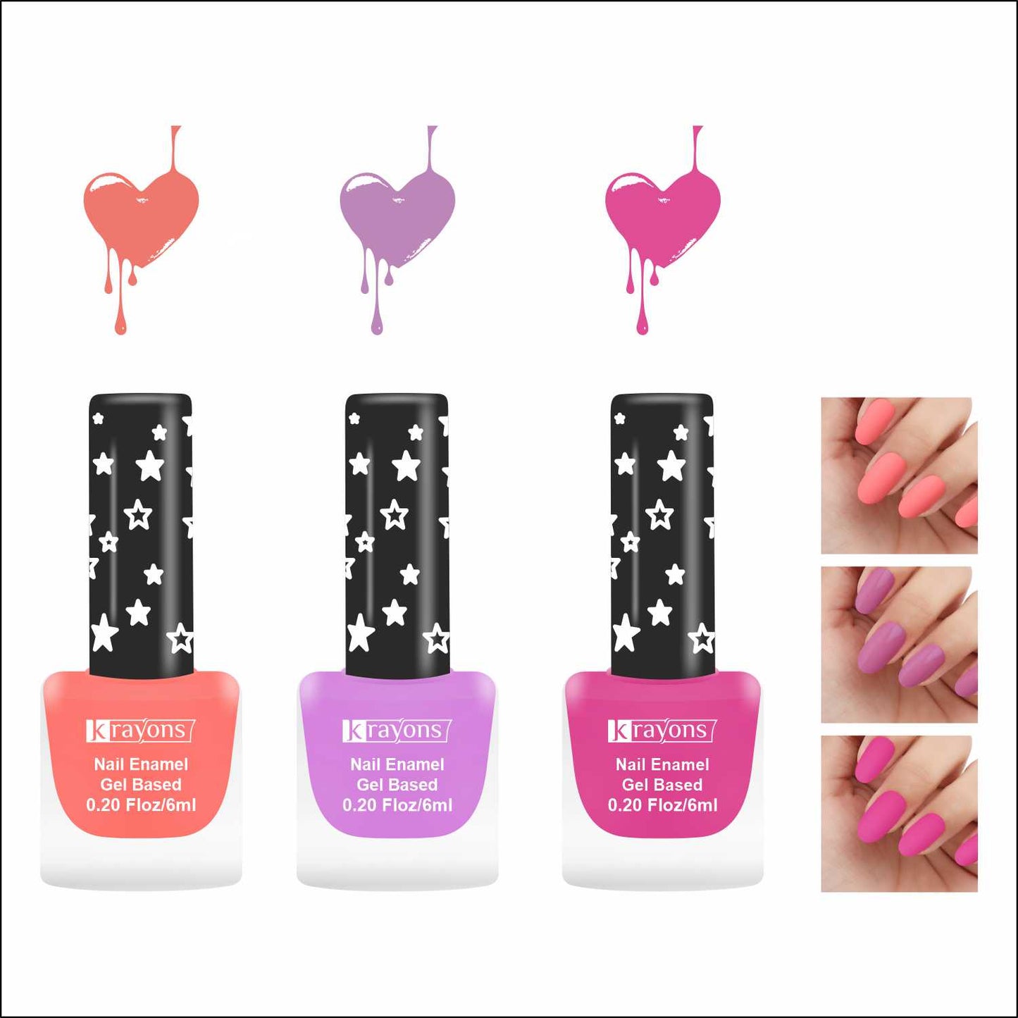 Krayons Cute Super Matte Finish Nail Enamel, Quick Dry, LongLasting, Blossom Peach, Plum Matte, Hot Pink, 6ml Each (Pack of 3)