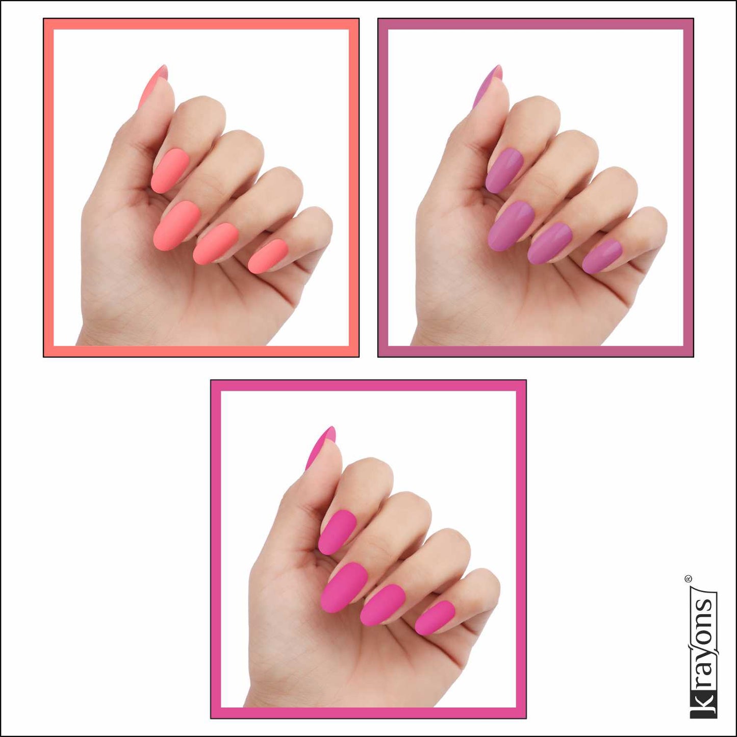 Krayons Cute Super Matte Finish Nail Enamel, Quick Dry, LongLasting, Blossom Peach, Plum Matte, Hot Pink, 6ml Each (Pack of 3)