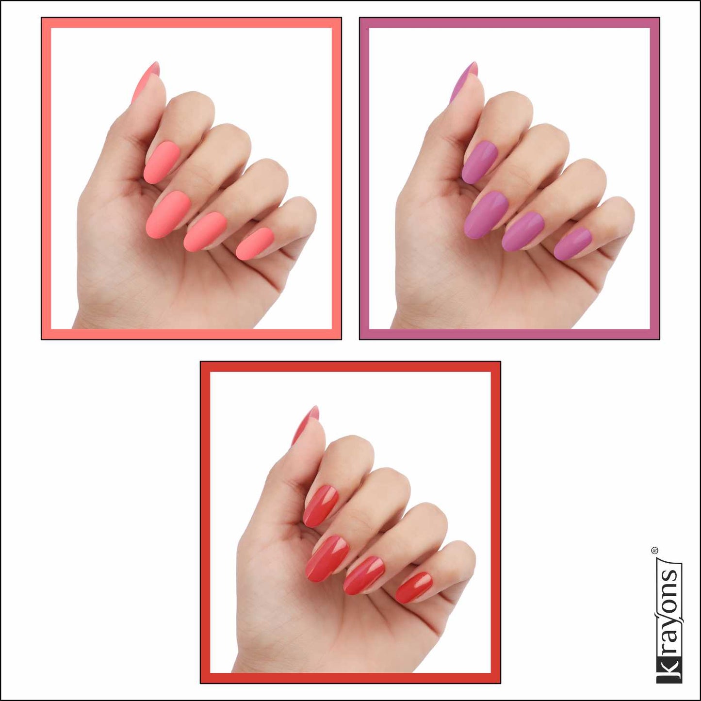 Krayons Cute Super Matte Finish Nail Enamel, Quick Dry, LongLasting, Blossom Peach, Plum Matte, Ruby Red, 6ml Each (Pack of 3)