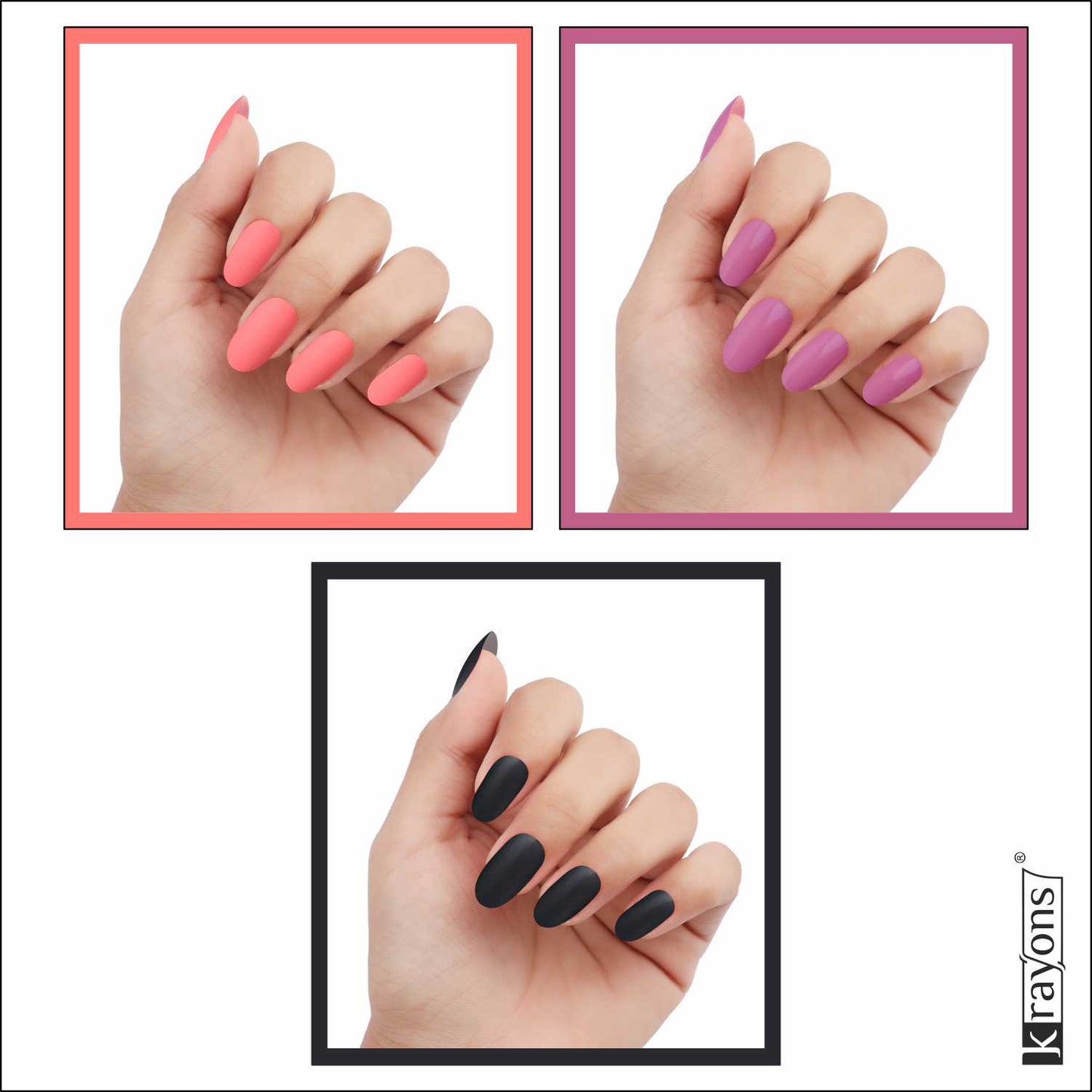 Krayons Cute Super Matte Finish Nail Enamel, Quick Dry, LongLasting, Blossom Peach, Plum Matte, Black Magnet, 6ml Each (Pack of 3)