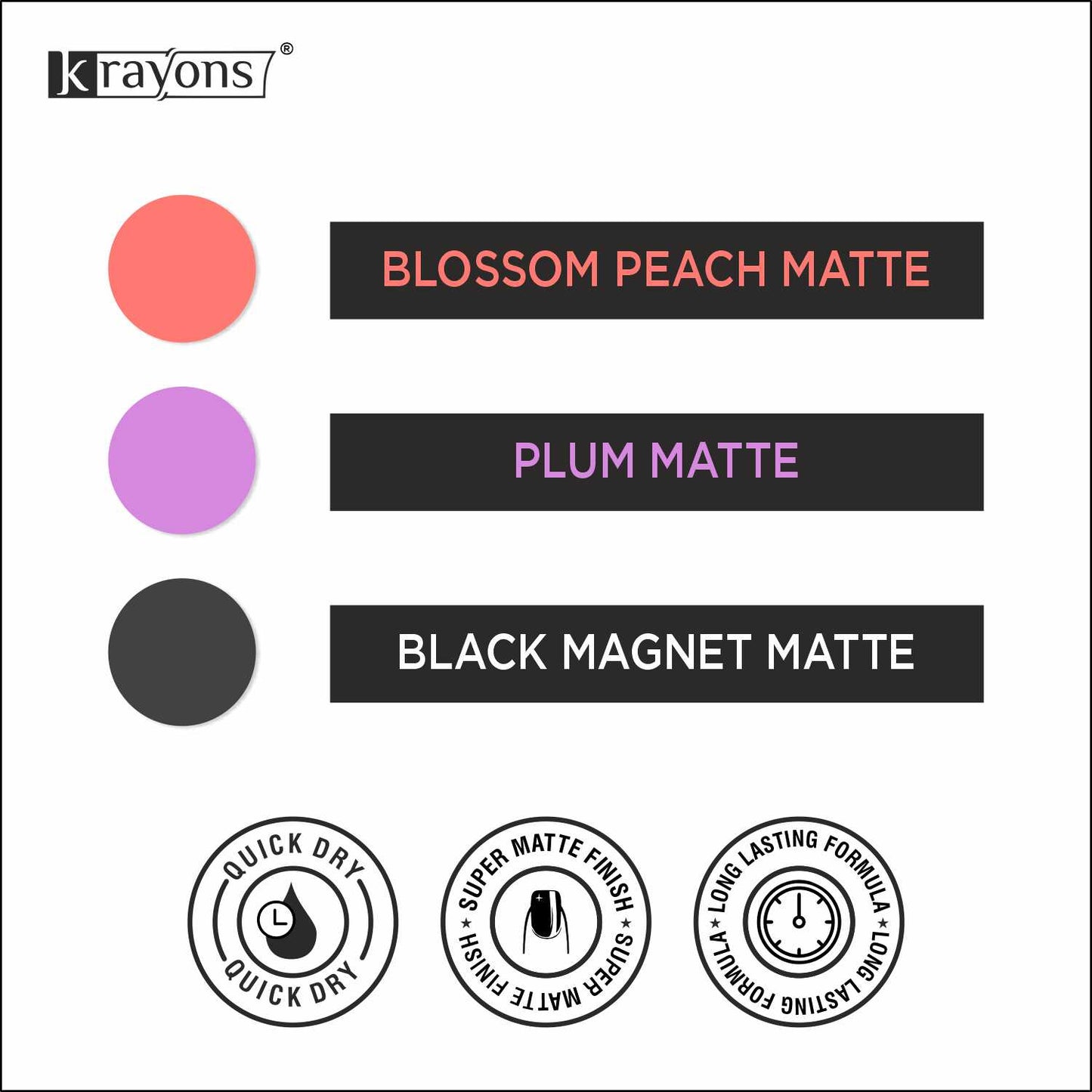 Krayons Cute Super Matte Finish Nail Enamel, Quick Dry, LongLasting, Blossom Peach, Plum Matte, Black Magnet, 6ml Each (Pack of 3)