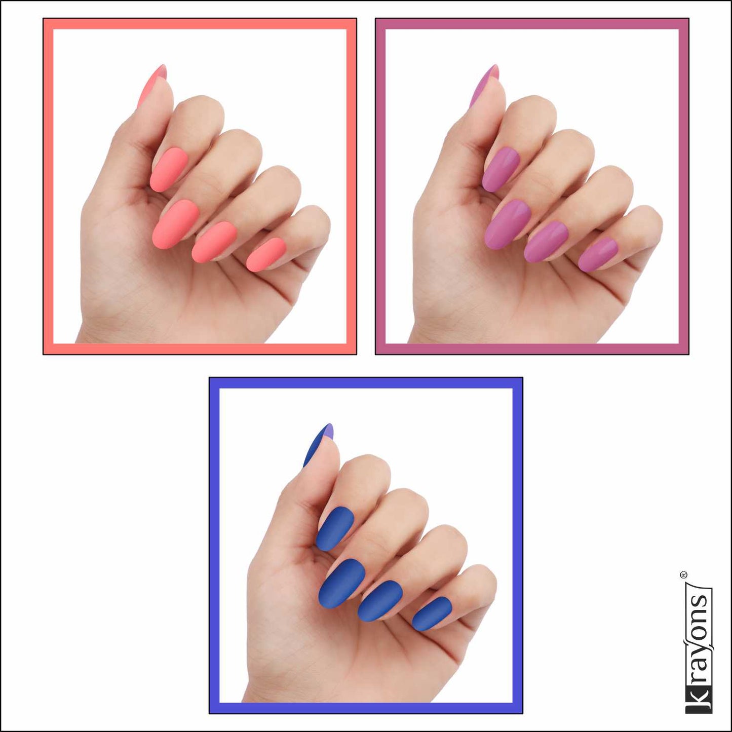 Krayons Cute Super Matte Finish Nail Enamel, Quick Dry, LongLasting, Blossom Peach, Plum Matte, Blue Ink, 6ml Each (Pack of 3)