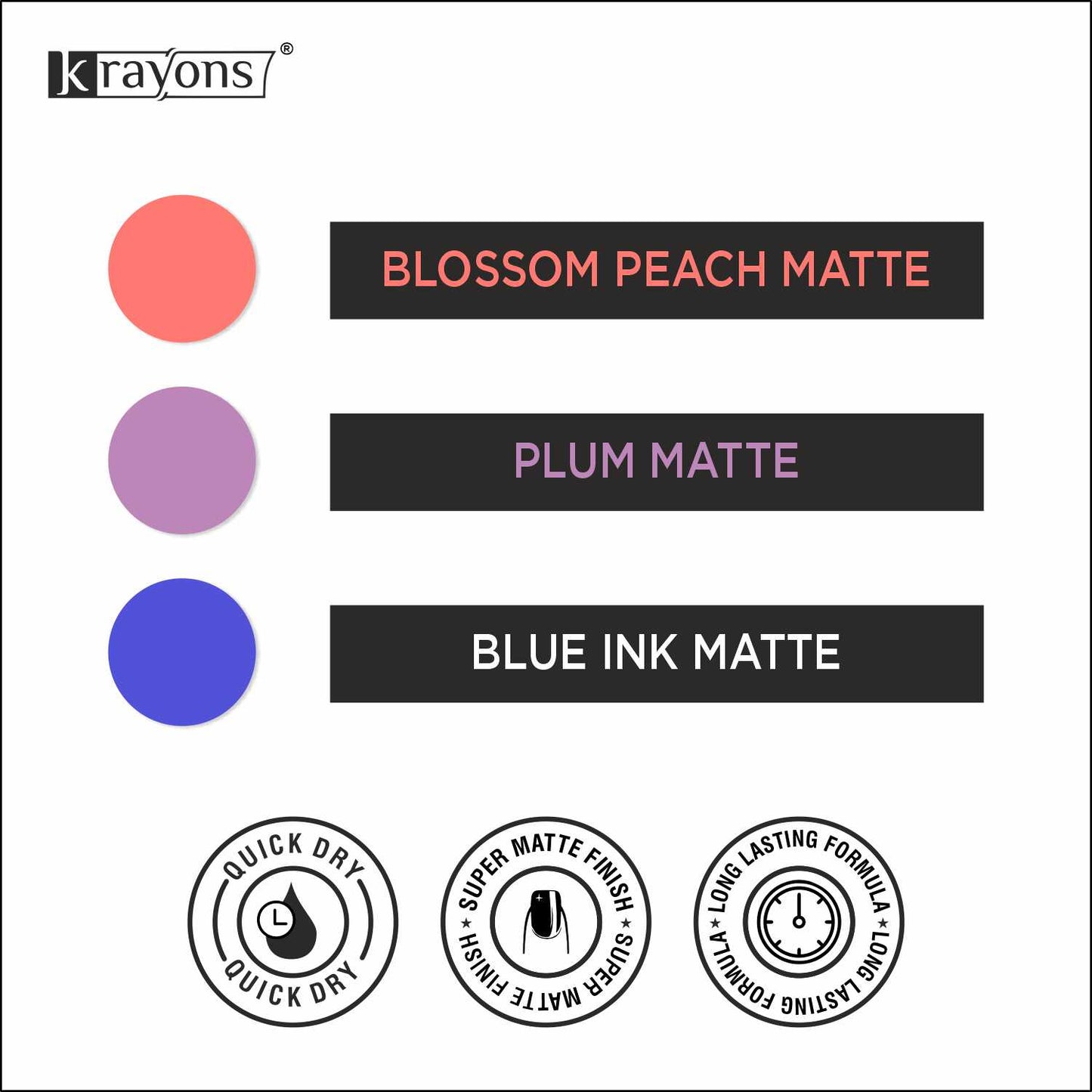 Krayons Cute Super Matte Finish Nail Enamel, Quick Dry, LongLasting, Blossom Peach, Plum Matte, Blue Ink, 6ml Each (Pack of 3)